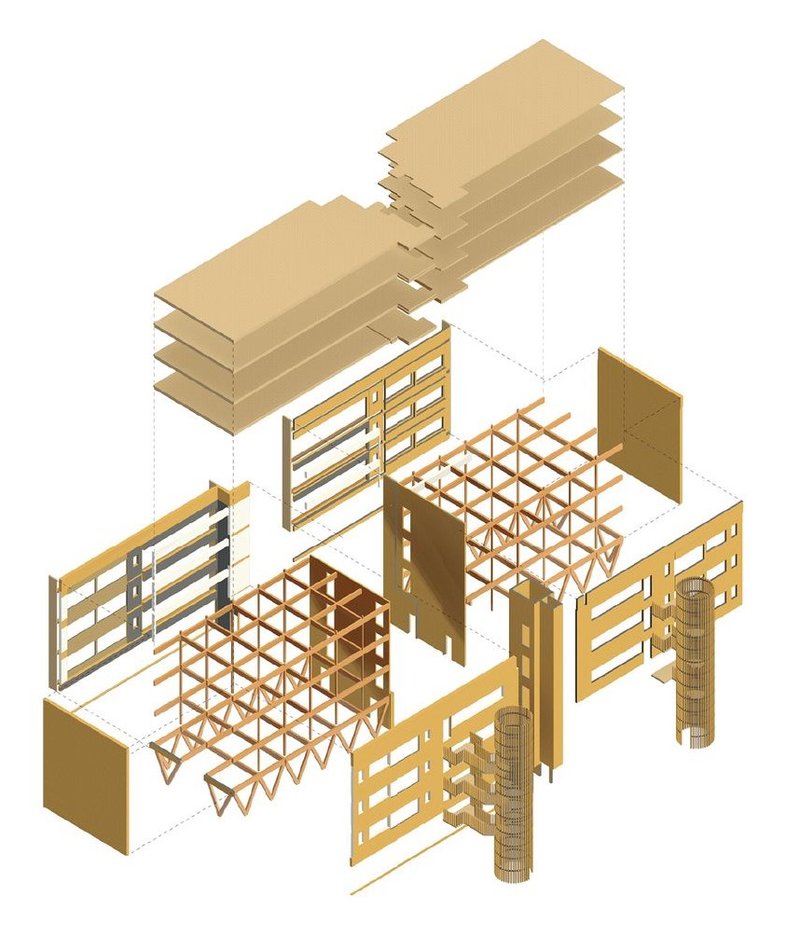Exploded axonometric drawing: Greenhouse Apartments' sustainable CLT construction system.