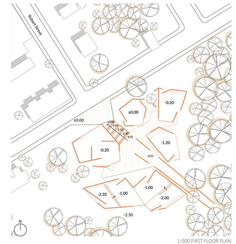 ArtQuake's multi-level floor plan maximizes natural terrain.