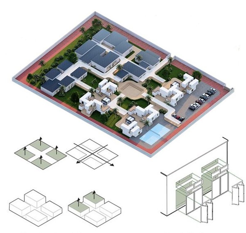Site layout and modular design schematics of the shelter.