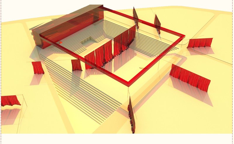 Suspended drapes redefine space, creating fluid theatrical environments.