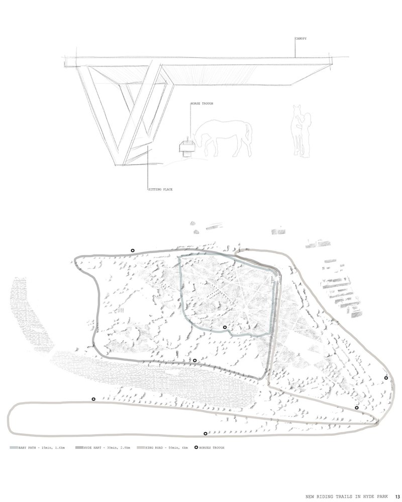 Proposed riding trails and rest areas within Hyde Park's landscape.