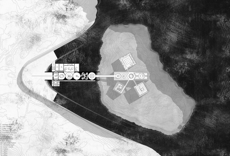 Ground Level Plan: Integrating crematorium and columbaria.