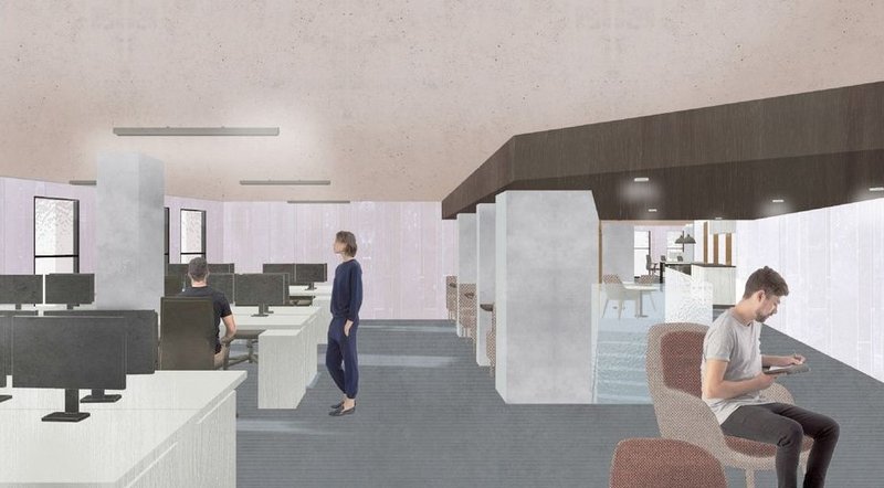 Open plan office with modern accents.