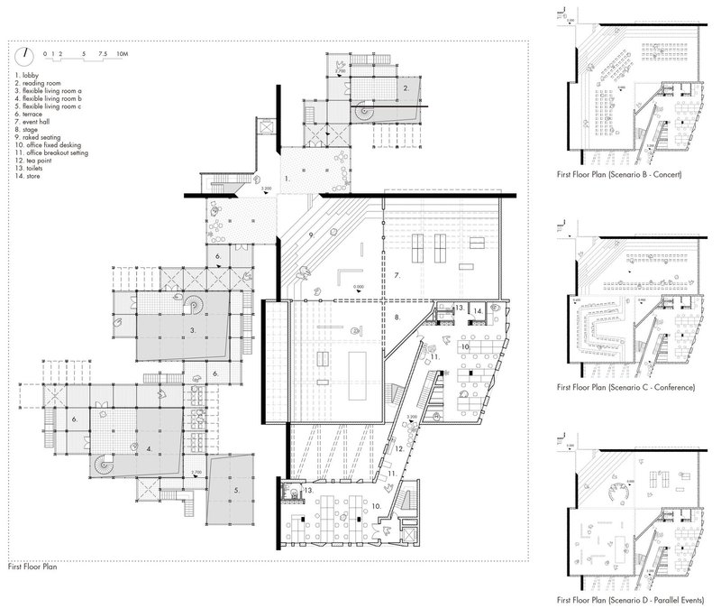 Town hall floor plan with adaptable layout.