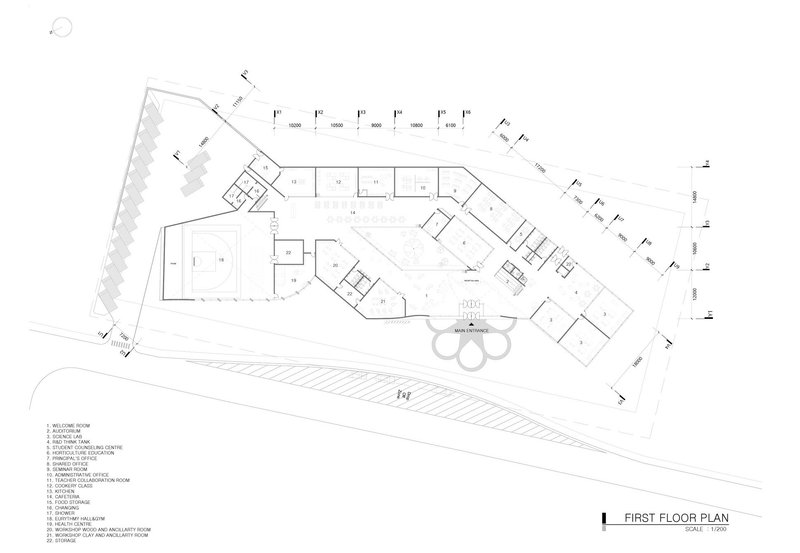 Harmony School's first-floor plan: classrooms, workshops, and central courtyard.