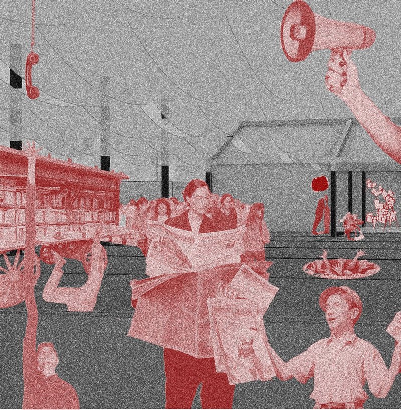 Newspaper stand in public space with overlapping activities.