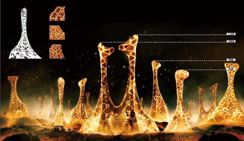 Giraffe Module: Tall, luminous structures on the lunar surface.