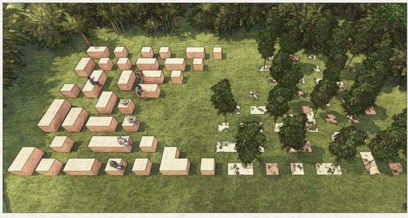 Outdoor study spaces amidst nature for group and solo activities.