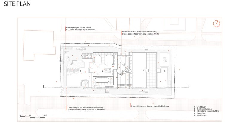 Detailed site plan highlighting key architectural features and spaces.