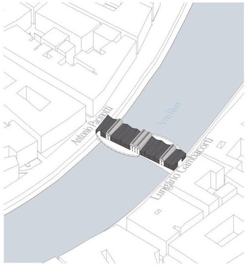 Site plan of Connessione Artigianale spanning the Arno River.