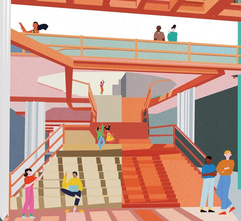 Vibrant community hub with multilevel interaction.