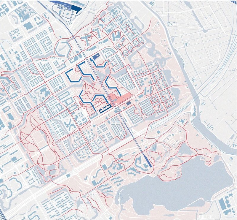 Urban plan highlighting key infrastructure and connectivity routes.