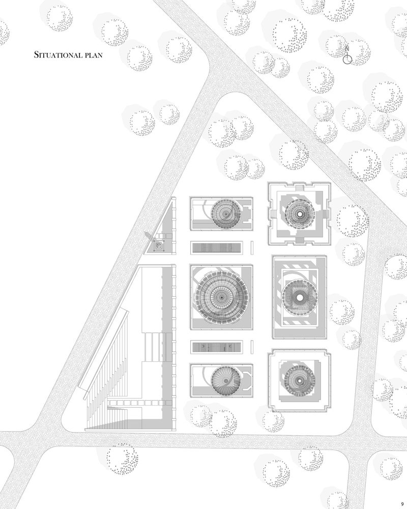 Site plan illustrating layout and positioning of architectural structures.