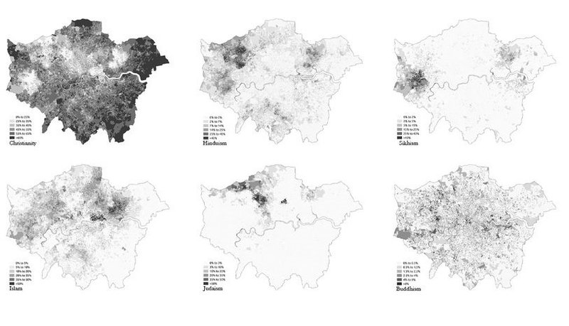Religious distribution across London: maps showcasing six major faiths.