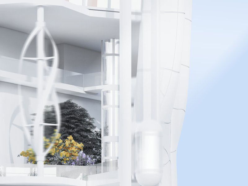 Hexagon detail: Wind turbine and green spaces integrated.