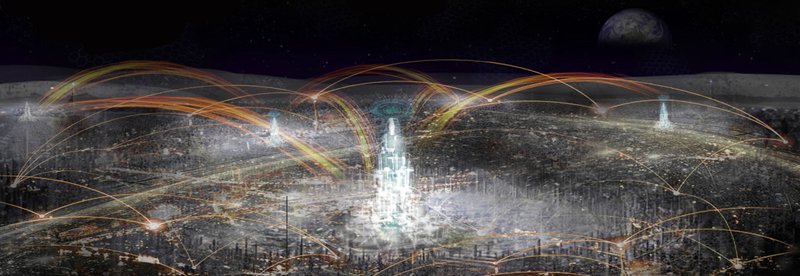 Futuristic lunar cityscape with interconnected light trails.