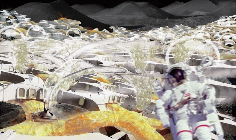 Astro-engineer overseeing lunar colony development with bio-integrated architecture.