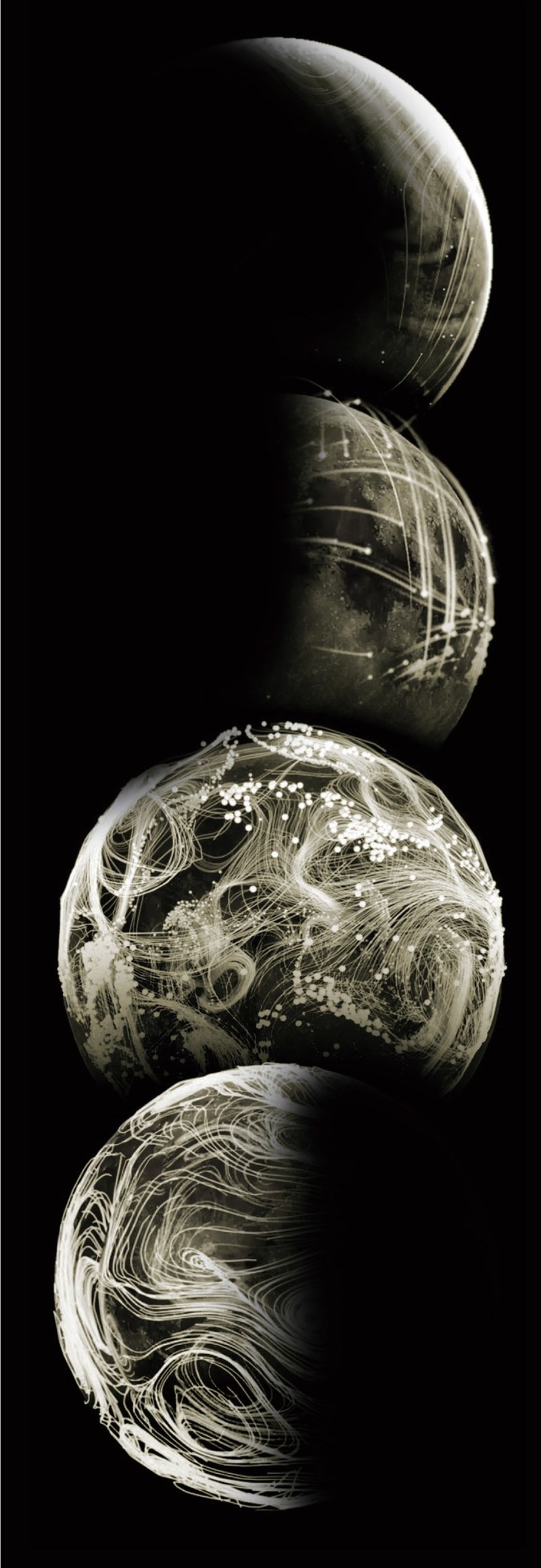 Artistic renderings of dynamic lunar surface patterns.