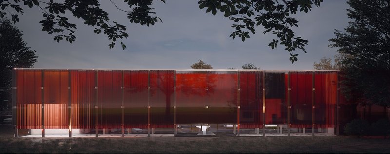 Museum exterior: Transparent facade with red accents.