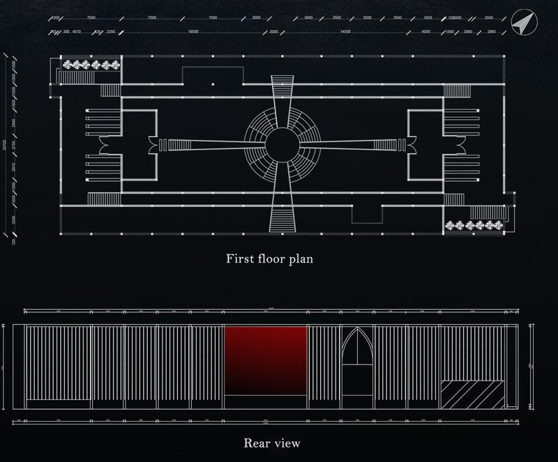Museum first floor plan: Central atrium and gallery wings.