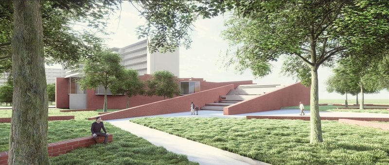 Modern communal living space with integrated green areas.