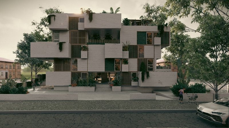 Modern sustainable apartment design with green facades and shared spaces.