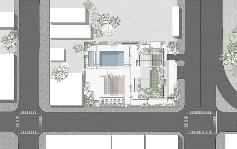 Sustainable apartment design with green spaces and communal areas.