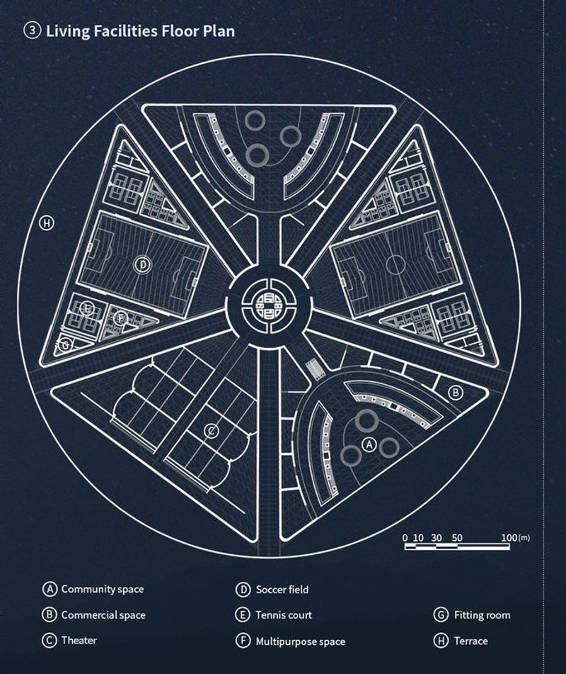 Comprehensive living facilities floor plan for lunar habitat.