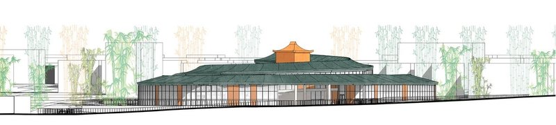 Sustainable building design with green roofs and integrated landscaping.