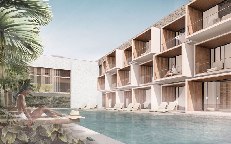 Elegant poolside relaxation at the VALLEY underground hotel.