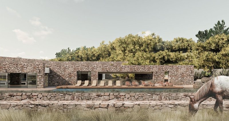 Natural stone facade blends with serene landscape.