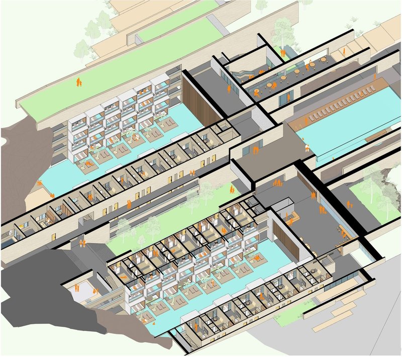 Axonometric view showcasing the hotel's multi-level design and amenities.