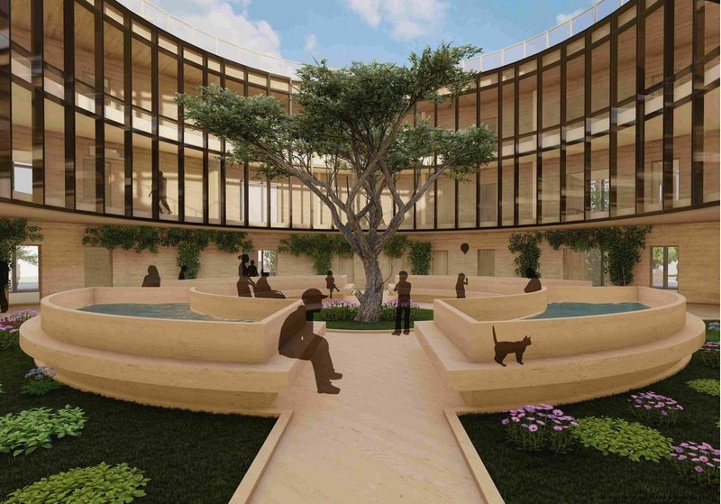 Central atrium with greenery and seating areas.