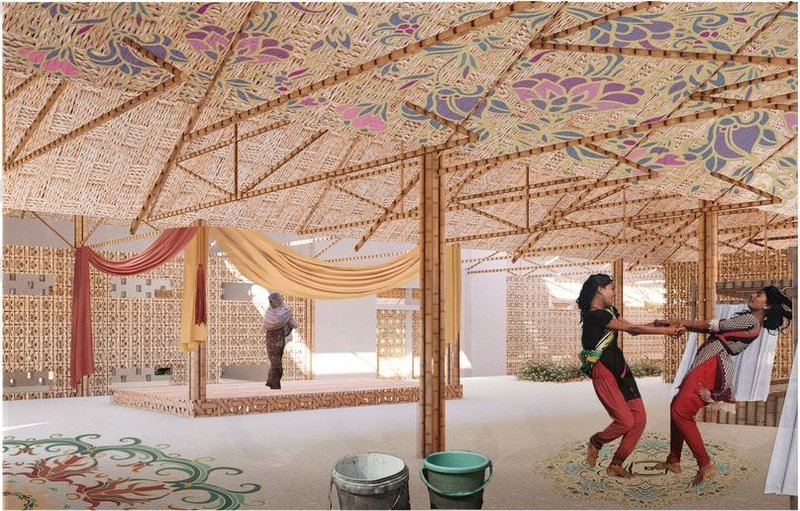 Community gathering and cultural activities under a vibrant, woven roof.