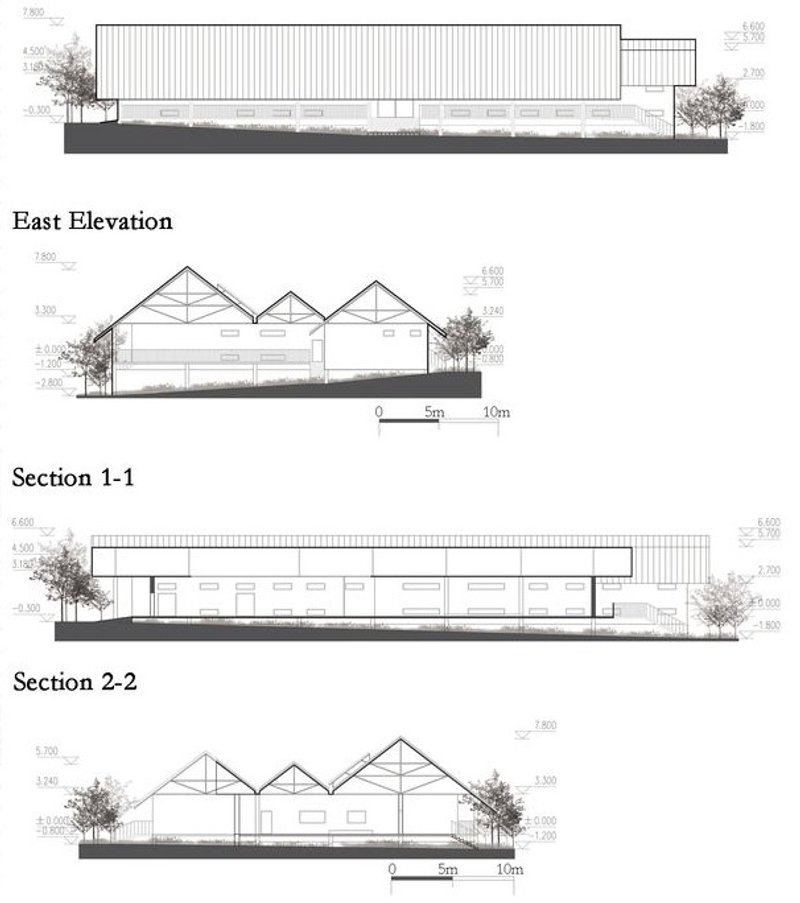 Detailed architectural elevations and sectional views.