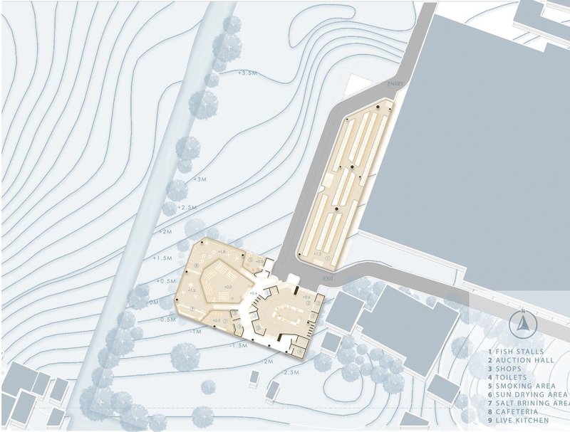 Site plan illustrating fish market layout and key areas.