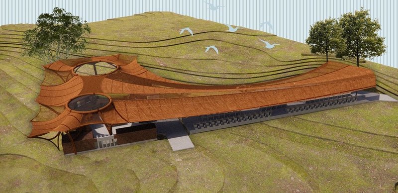 Bamboo-roofed fish market blending tradition with modern design.