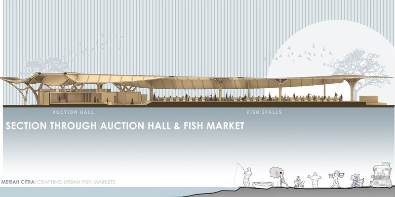Section view showcasing auction hall and fish stalls design.