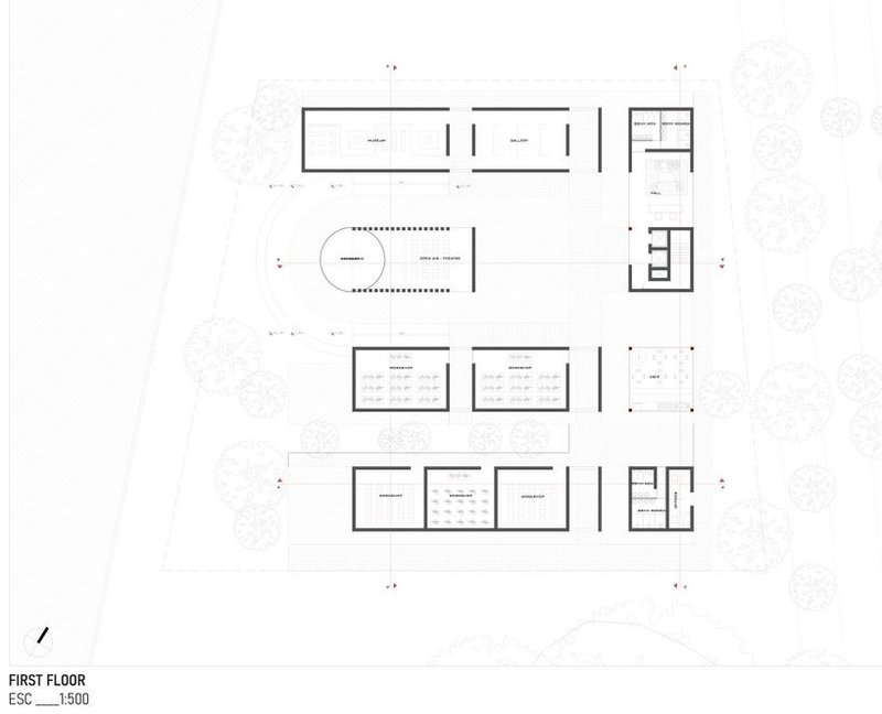 First floor plan highlighting functional zones and courtyards.