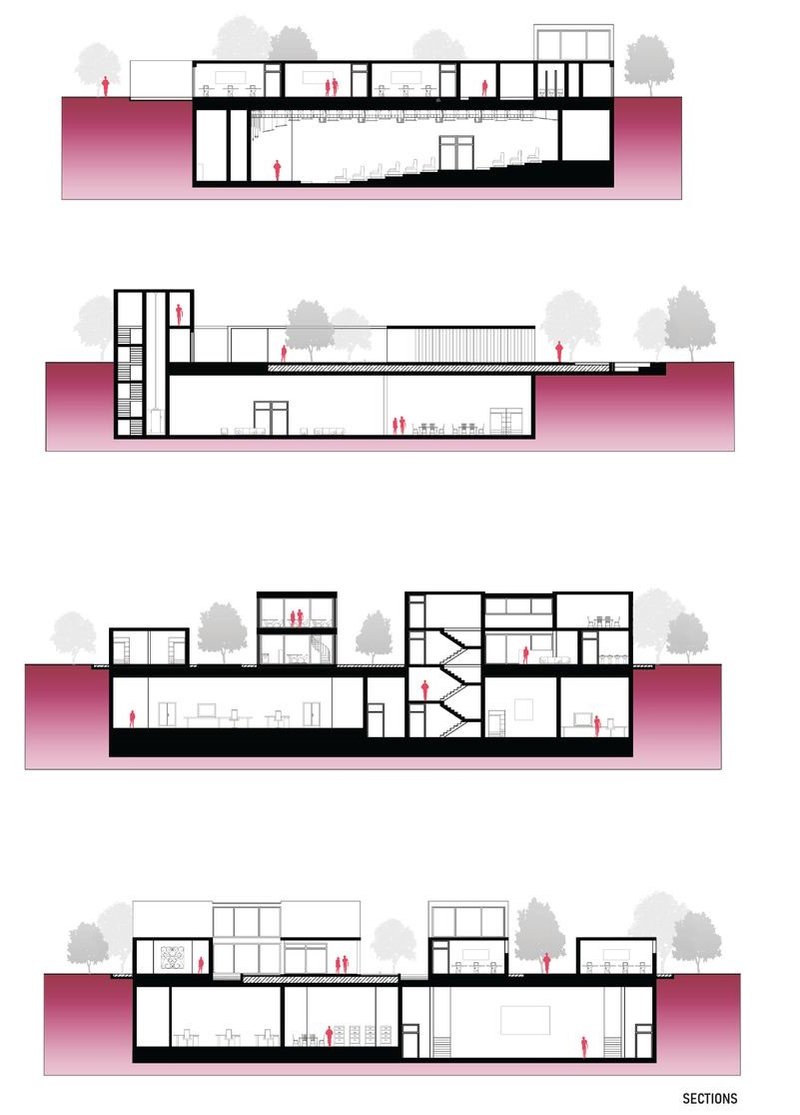 Cross-sections detailing interior spaces and structural elements.