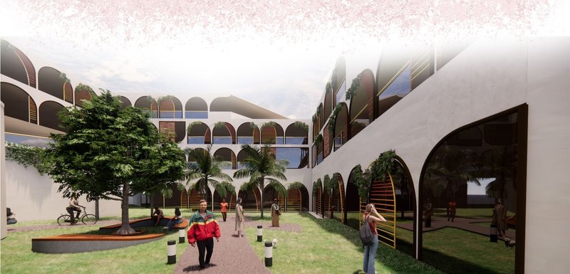 Lush courtyard fosters community and relaxation.