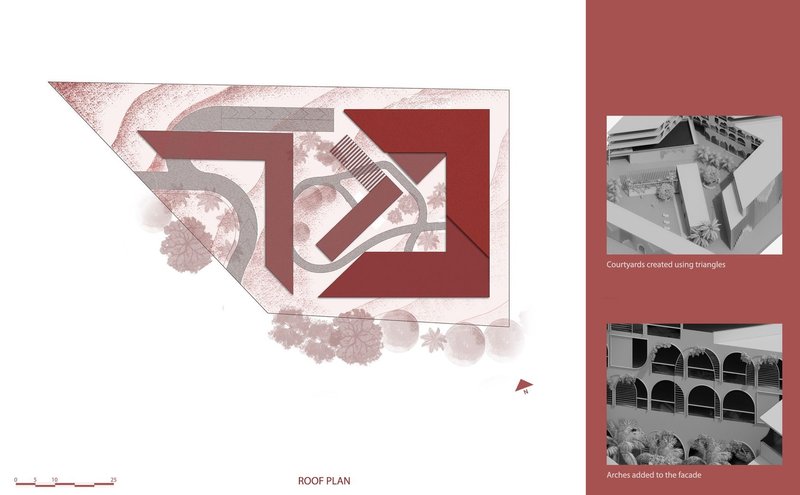 Roof plan highlights triangular courtyards and arches.