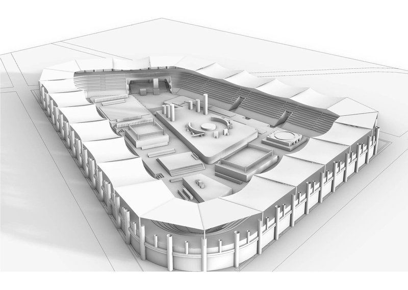 Modern colosseum design blending classical and contemporary architectural elements.