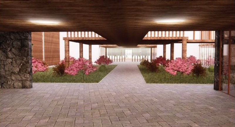 Welcoming entrance with a serene garden pathway.