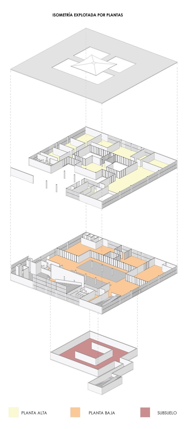 Exploded isometric view showing upper, ground, and basement levels.