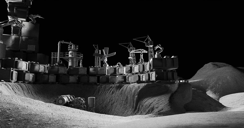 Robotic arms constructing a modular lunar base.