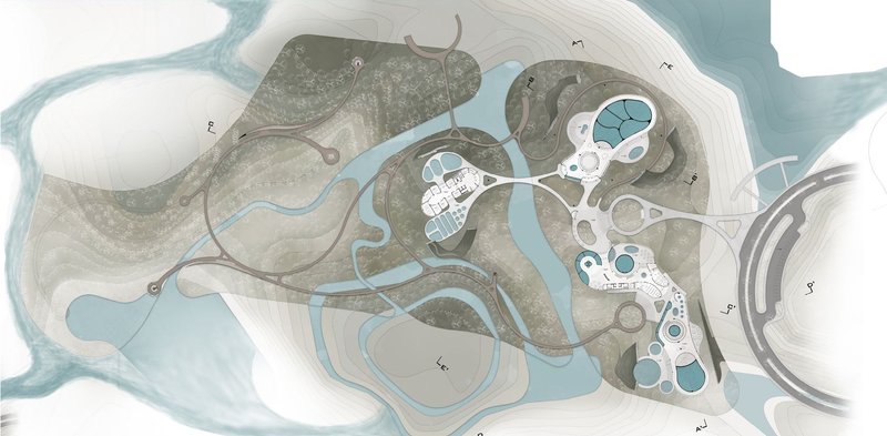 Seamlessly integrated: Aquarium complex respecting Sonadia's natural contours.