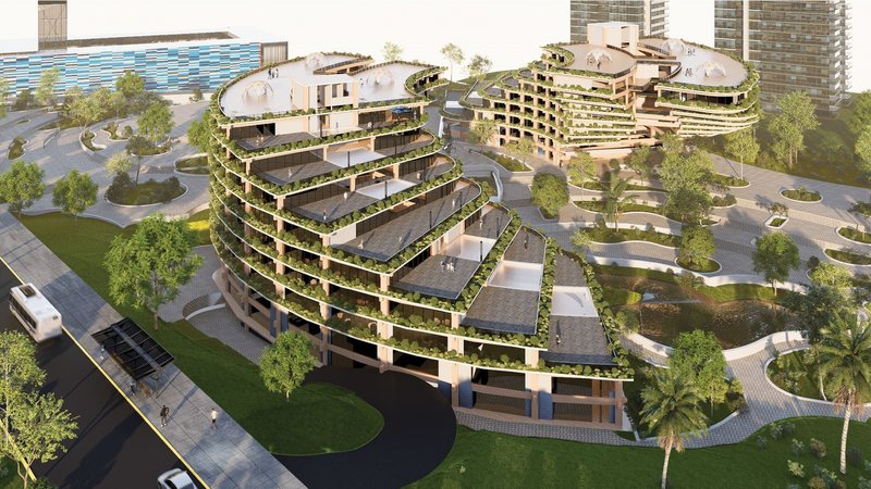 Terraced green roofs and modern co-living space harmonize beautifully.