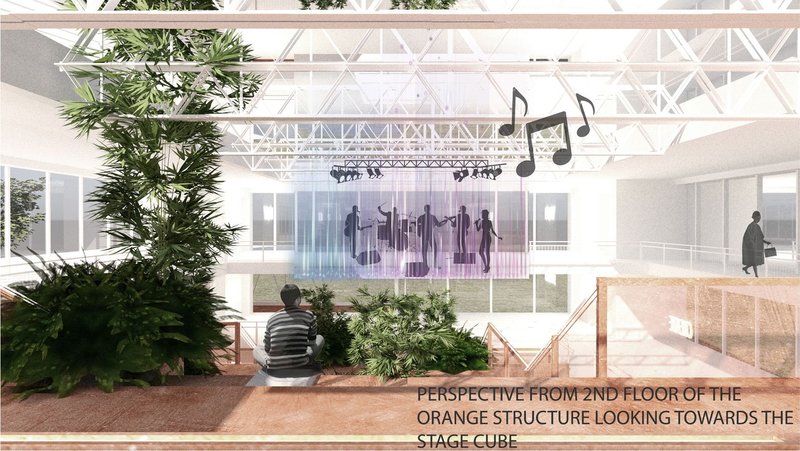 Indoor stage blends music, nature, and modern design.