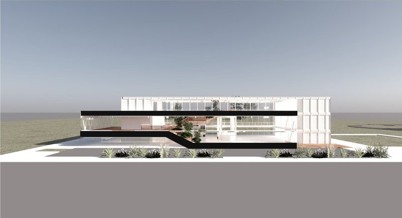 Modern glass structure blends nature and architecture.